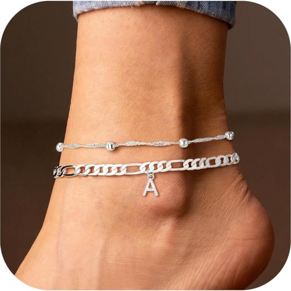 Ankle Bracelets for Women, 14K Gold Plated Dainty Layered Chain CZ Initial Ankle